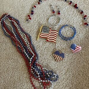 Patriotic Jewelry Set with Flag Pins and Beaded Necklaces